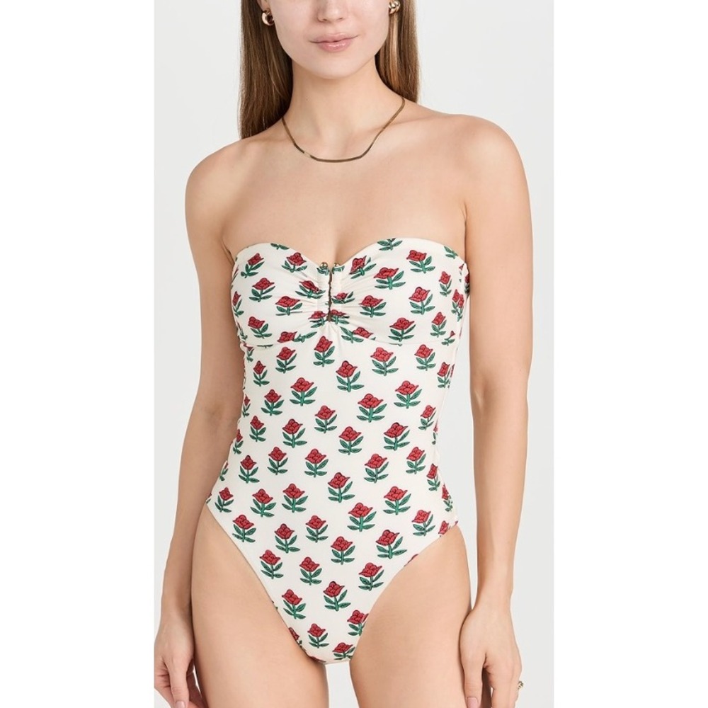 RHODE Maithili One Piece Rose Block Print Women's XS NEW White Red Flower